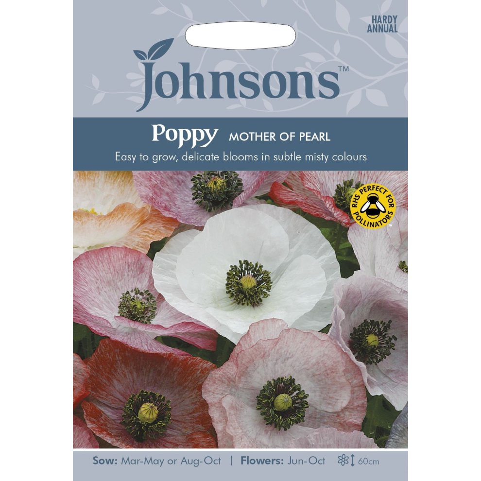 Johnsons Seeds Pictorial Pack featuring Poppy Mother of Pearl with soft pastel blooms in pink, white, and lavender, labeled with sowing and flowering information.