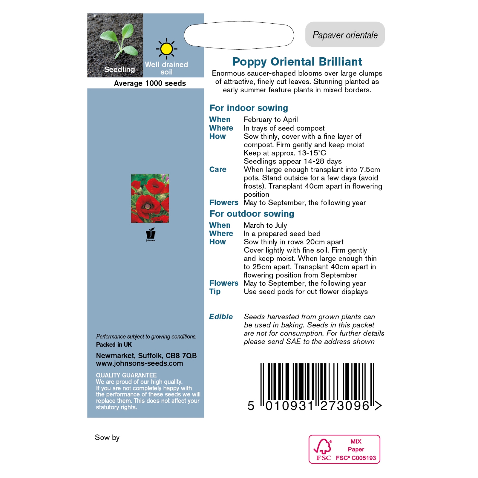 Johnsons Poppy Oriental Brilliant Flower Seeds - image 3