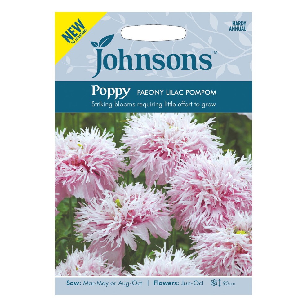 Johnson's Home Grown Poppy Paeony Lilac PomPom flower seeds packet featuring pink and white fluffy flowers, with sowing and flowering details on a blue background.