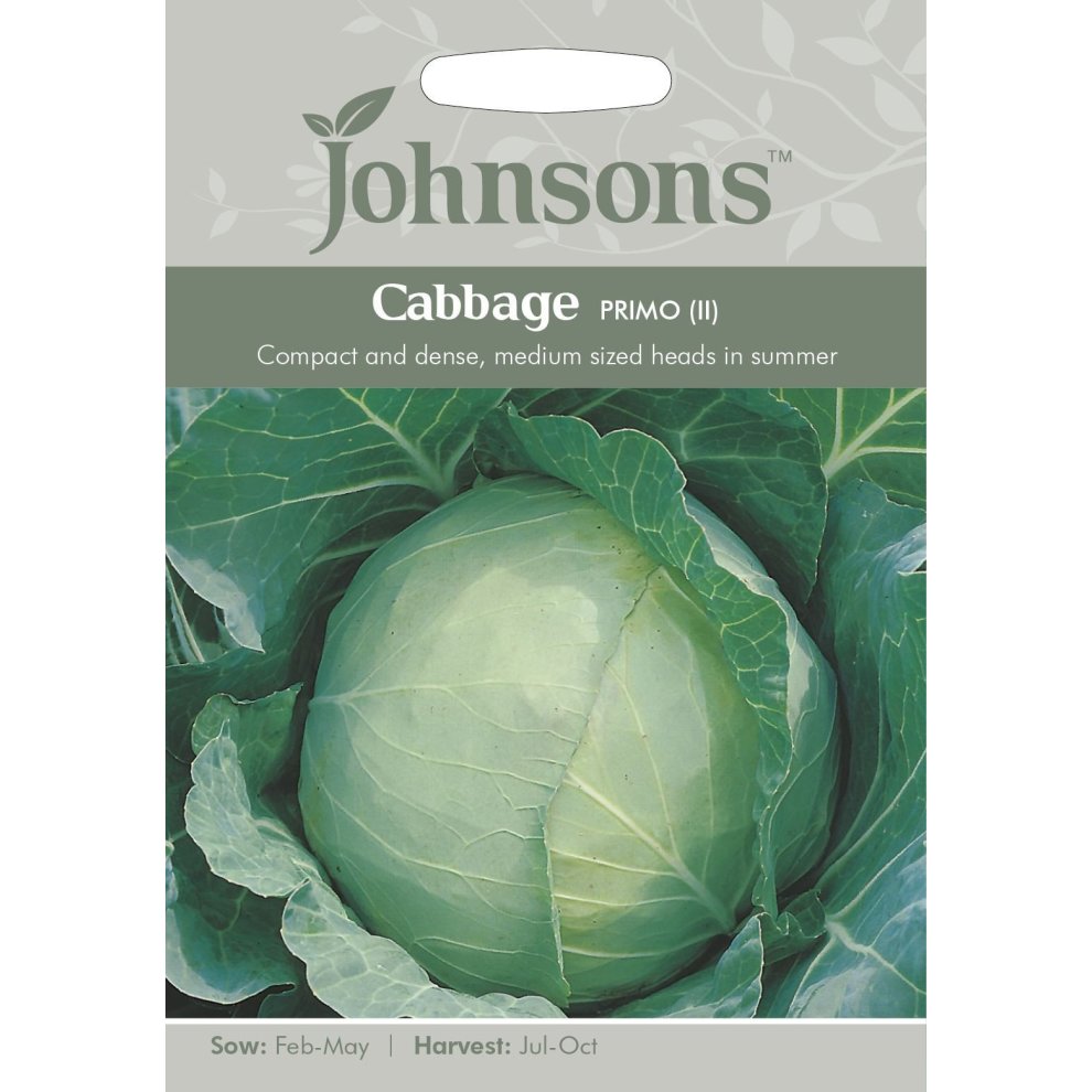 Packaged seed packet featuring a green cabbage with dense leaves, labeled "Cabbage Primo II" by Johnsons Seeds, with sowing and harvesting details on a light background.