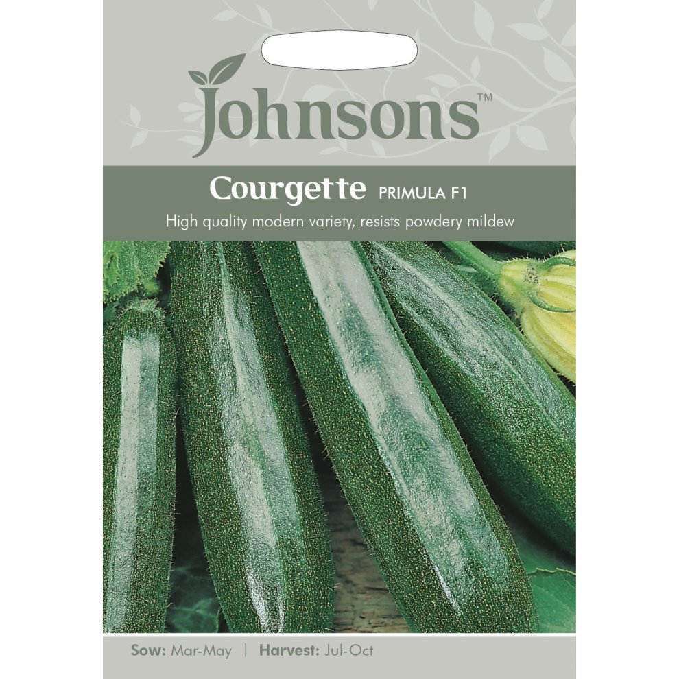 Johnsons Seeds Courgette Primula F1 seed packet featuring glossy green courgettes, with sowing and harvesting details on a light grey background.