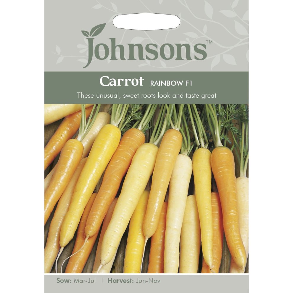 Pictorial seed pack featuring a variety of rainbow-colored carrots, showcasing shades of orange, yellow, and white, with planting details and Johnsons Seeds branding.