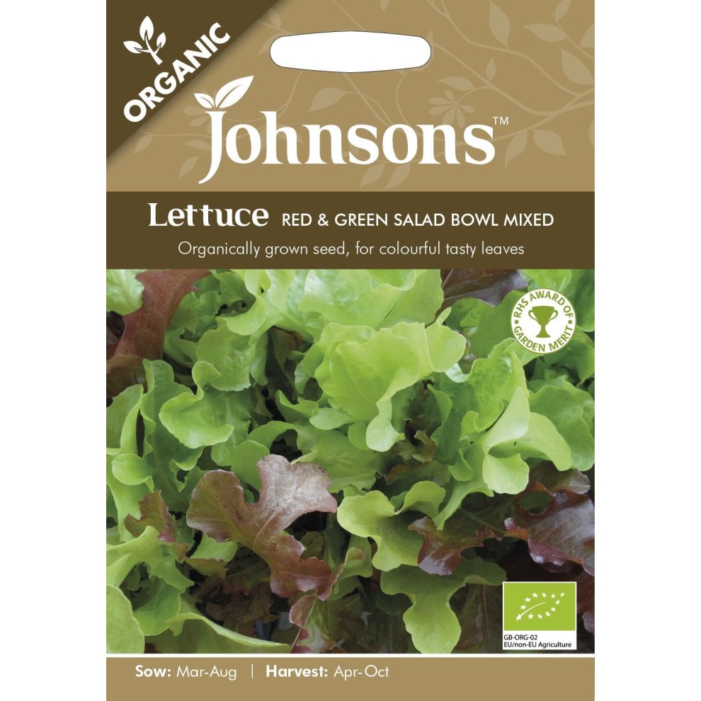 Pictorial seed packet featuring mixed red and green lettuce leaves, labeled "Johnsons Organic," with sowing and harvesting details, set against a light background.