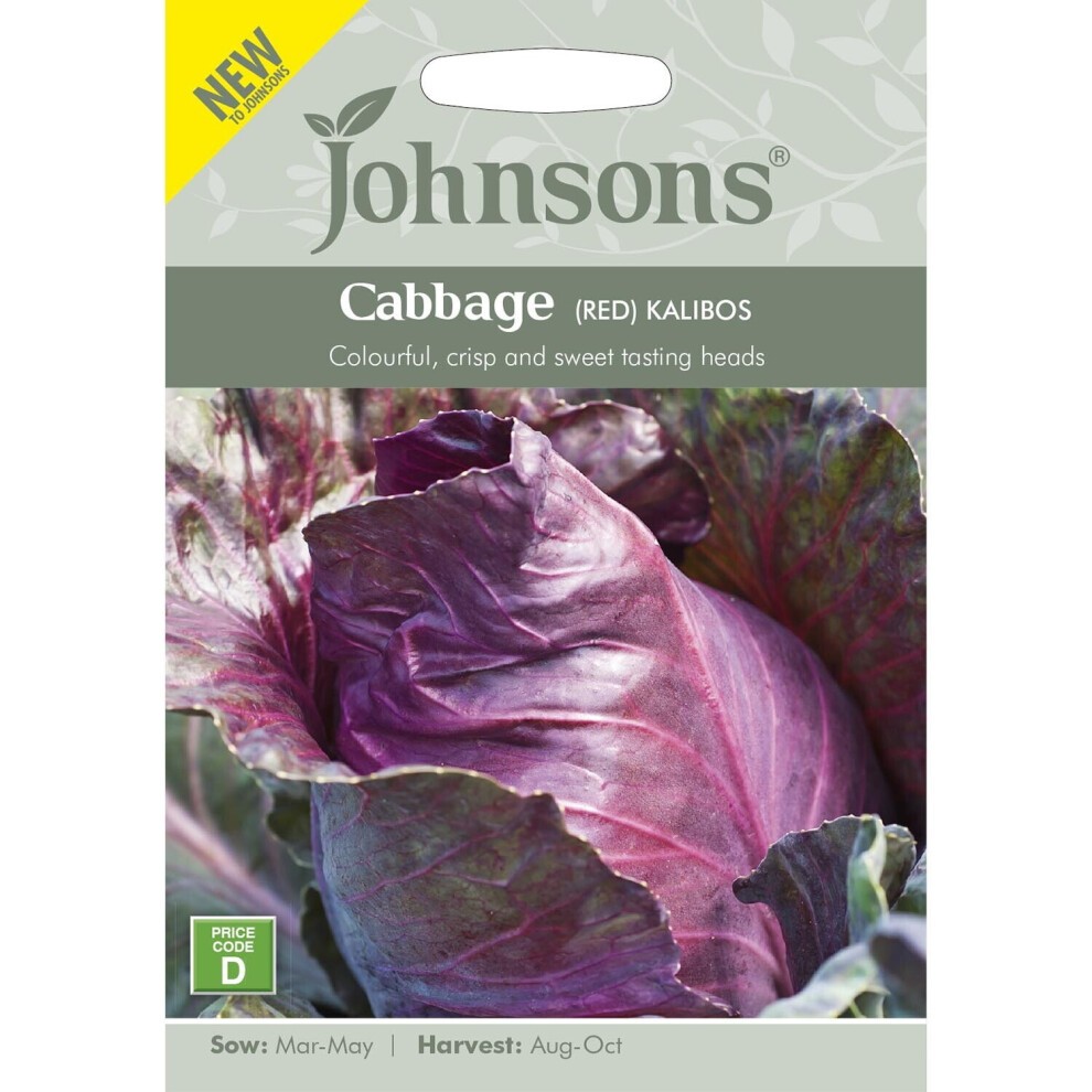 Red Kalibos cabbage seeds packet by Johnsons Seeds, featuring a vibrant purple cabbage head, with sowing and harvesting details on a light green background.