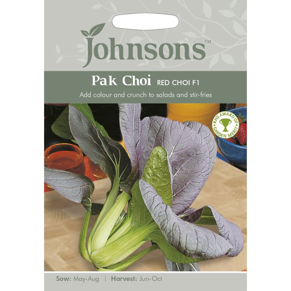 Pictorial seed packet for Johnsons Seeds featuring Pak Choi Red Choi F1, showcasing vibrant purple leaves and green stems, with sowing and harvesting information on a light background.