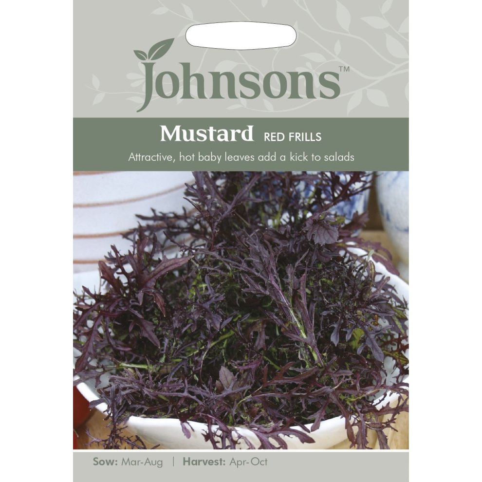 Pictorial seed packet featuring Johnsons Seeds branding, showcasing vibrant red frilled mustard leaves, with sowing and harvesting details listed below.