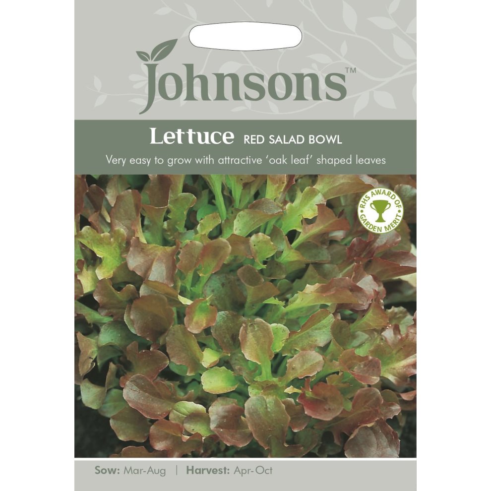 Pictorial seed packet featuring Johnsons Seeds logo, showcasing vibrant red and green oak leaf-shaped lettuce leaves, with sowing and harvesting details on a light gray background.