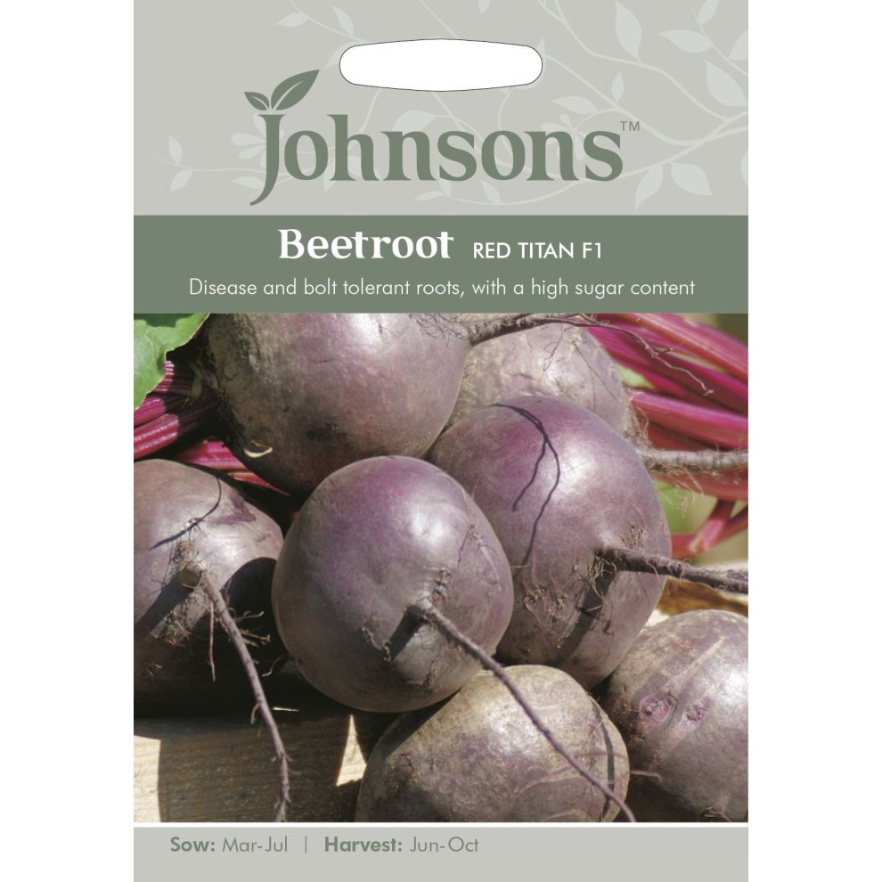 Pictorial seed pack featuring Johnsons Seeds Beetroot Red Titan F1, showcasing purple beetroots with green leaves, and details on sowing and harvesting times.