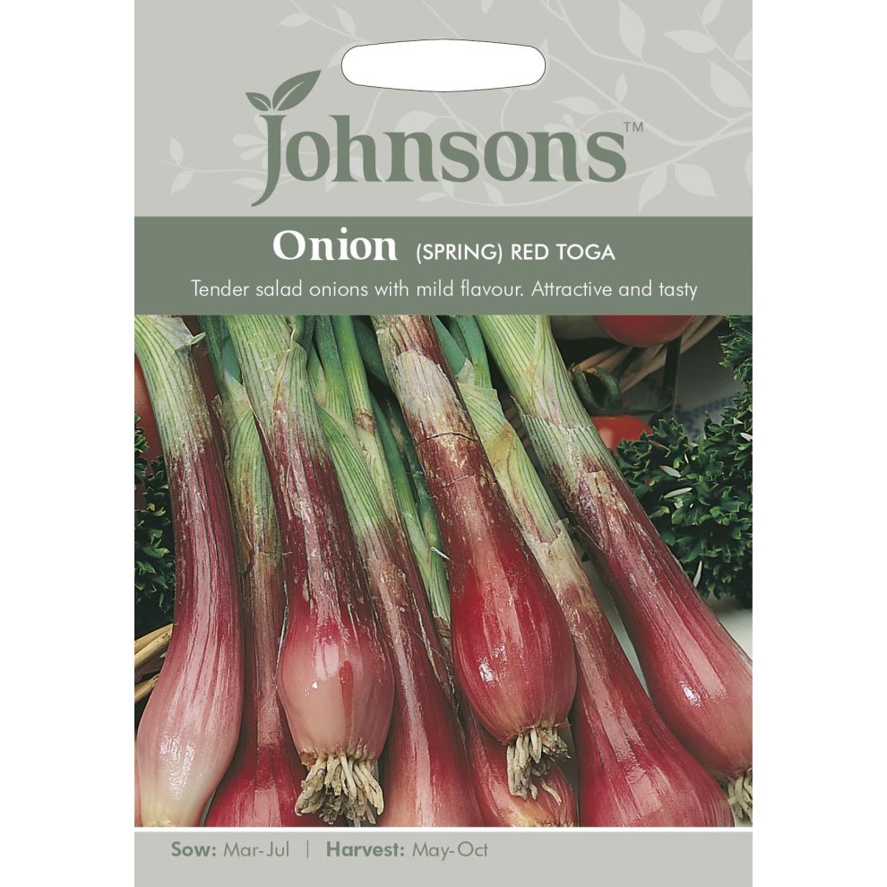 Pictorial seed packet featuring red spring onions with green tops, labeled "Johnsons Onion (Spring) Red Toga," showcasing the product's name and sowing details.