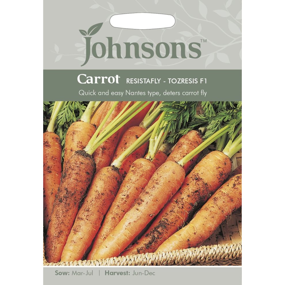 Pictorial seed packet featuring vibrant orange carrots with green tops, labeled "Johnsons Carrot Resistafly F1," showcasing sowing and harvesting details.