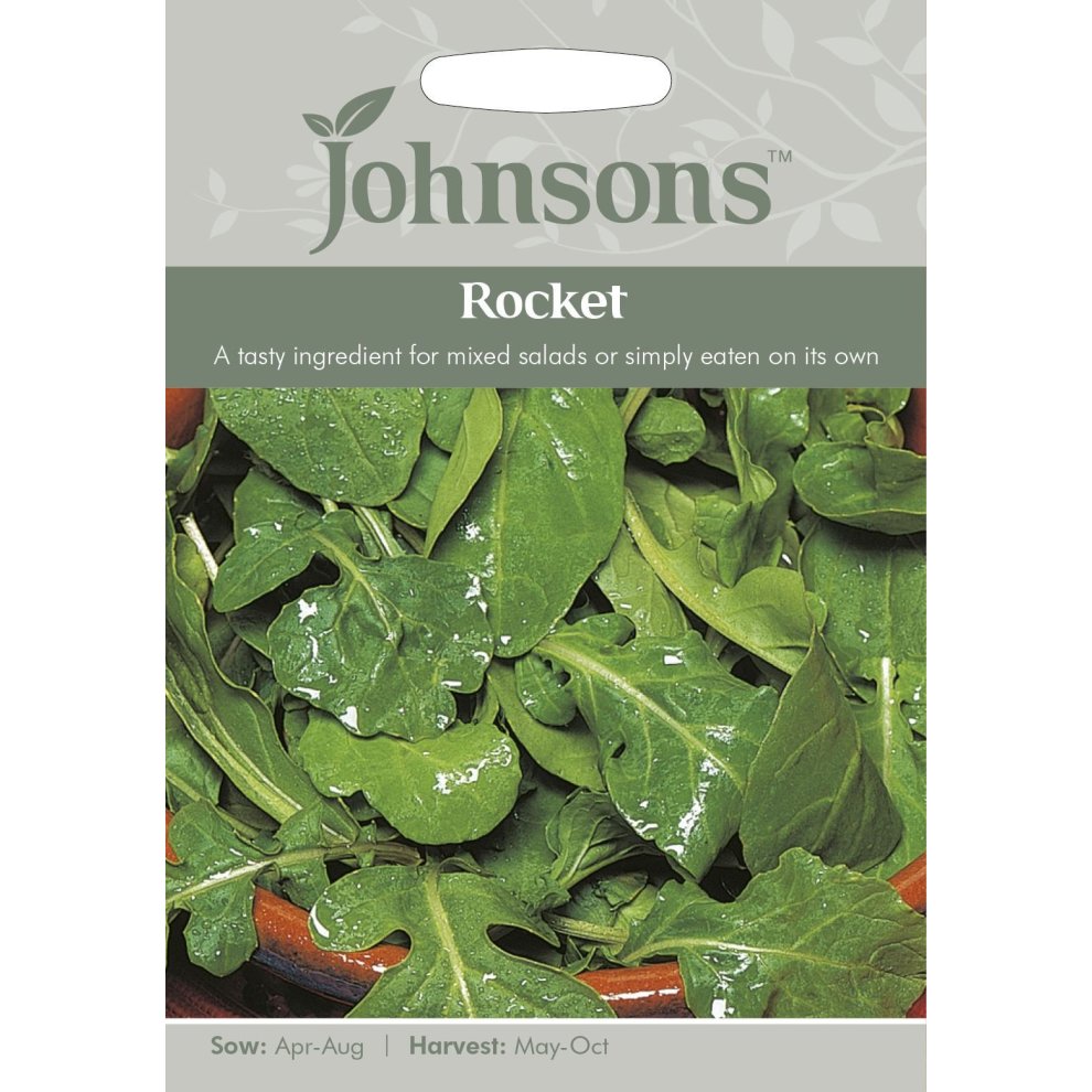 Pictorial seed pack featuring vibrant green rocket leaves, labeled "Johnsons Rocket," with sowing and harvesting details prominently displayed.