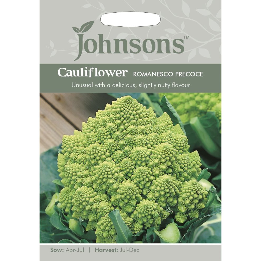 Green cauliflower Romanesco on a seed packet, featuring a textured, spiraled head, with Johnsons branding and sowing instructions prominently displayed.