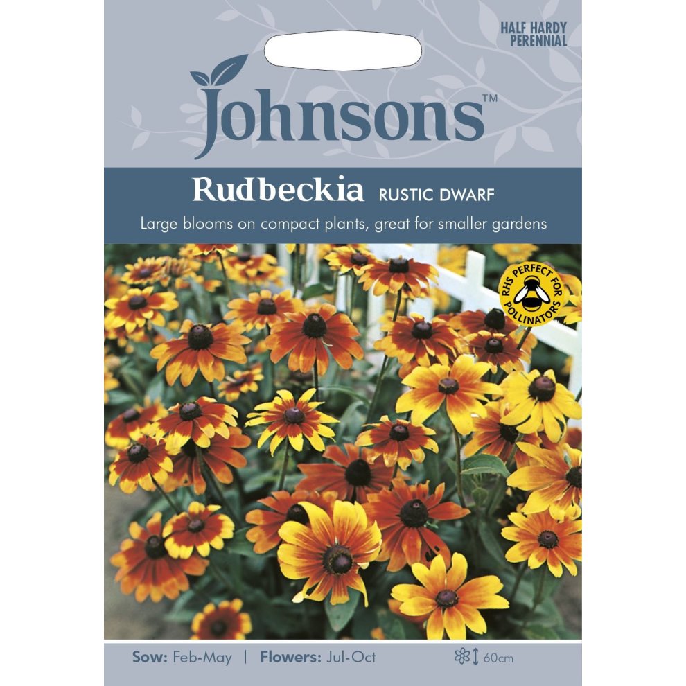 Pictorial seed packet featuring vibrant yellow and orange Rudbeckia flowers, labeled "Rudbeckia Rustic Dwarf," with sowing and flowering details.