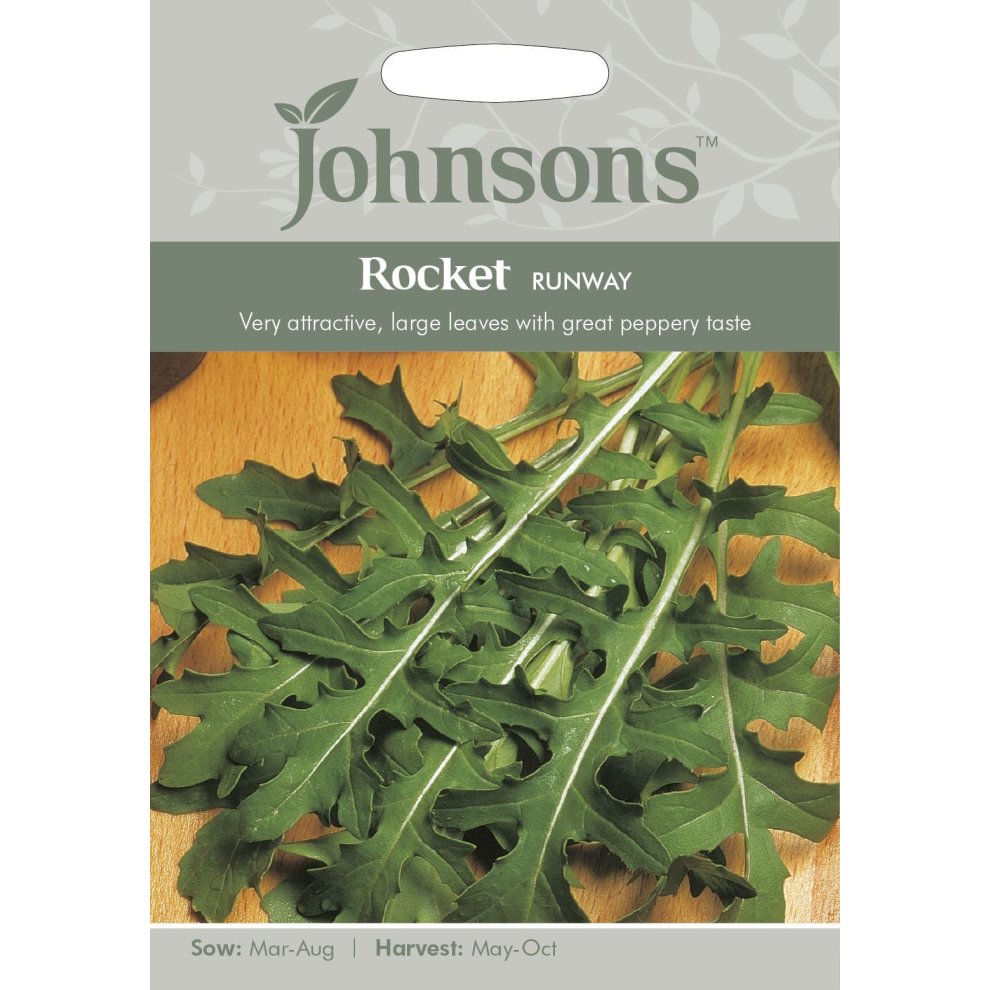Pictorial seed pack for Johnsons Seeds' Rocket Runway, featuring vibrant green leaves on a wooden surface, with sowing and harvesting details highlighted.