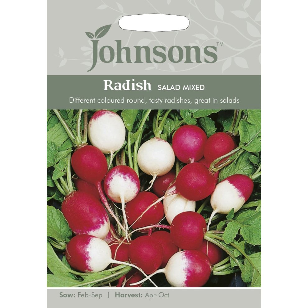 Pictorial seed pack featuring mixed radishes in red and white, with green leaves, labeled "Johnsons Radish Salad Mixed," indicating sowing and harvest months.