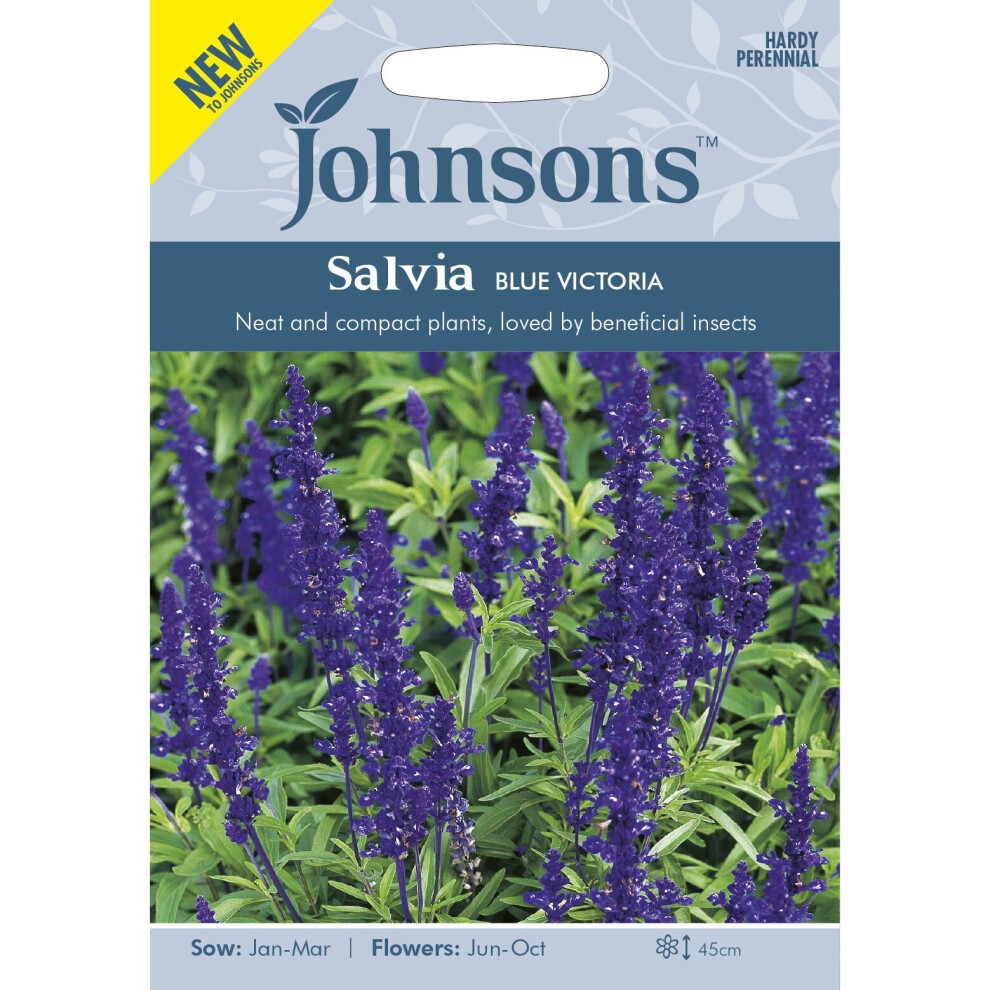 Packaged seeds for Salvia Blue Victoria by Johnsons, featuring vibrant blue flowers, a grey background, and details on sowing and flowering times.