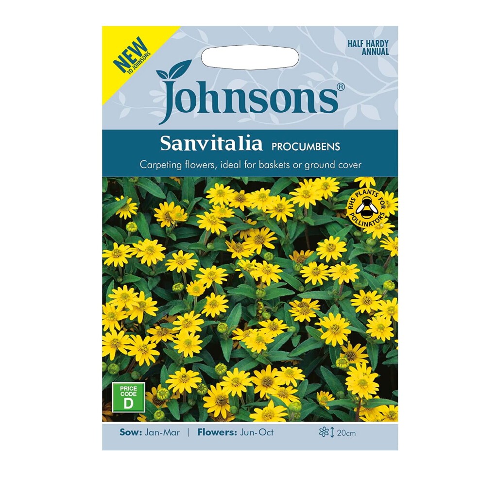 Bright yellow Sanvitalia flowers on a seed packet, featuring green foliage, with "Johnsons" branding and planting instructions for ground cover or baskets.