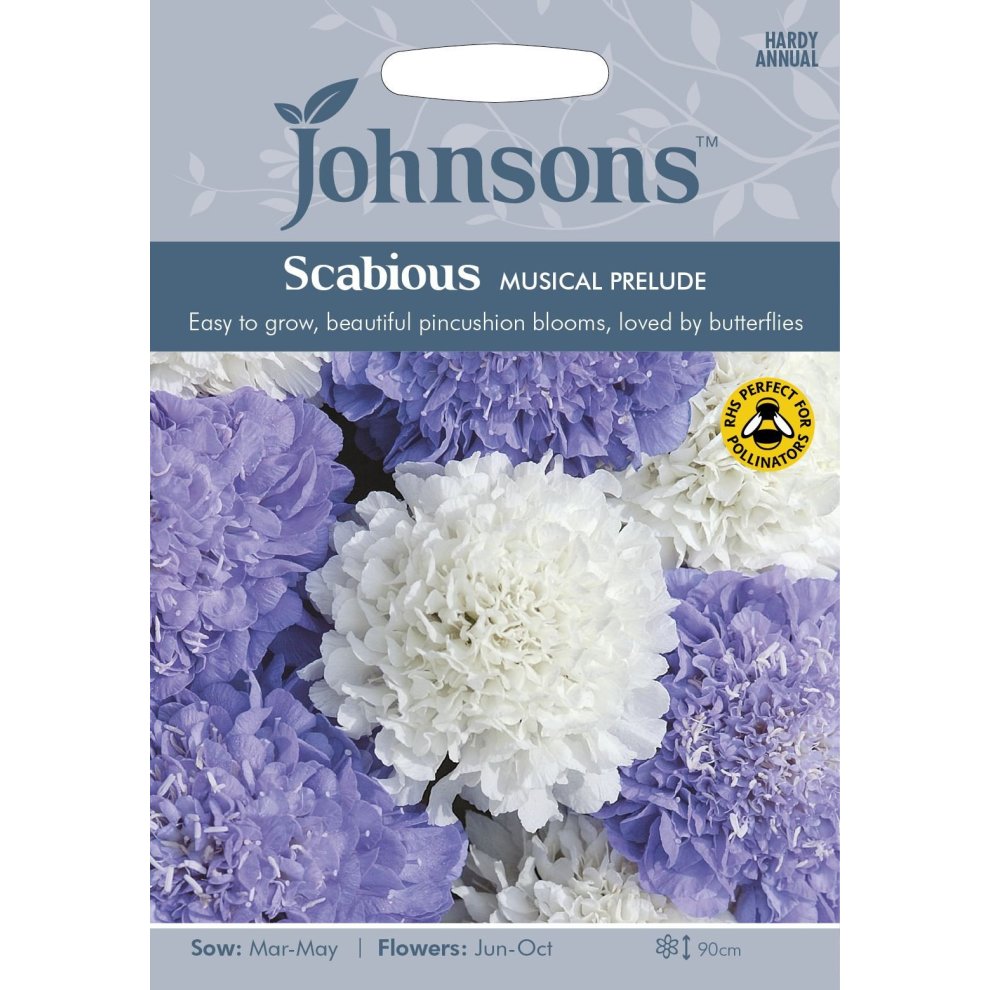 Pictorial seed pack featuring Scabious Musical Prelude flowers in shades of purple and white, with a clear label highlighting sowing and flowering details.