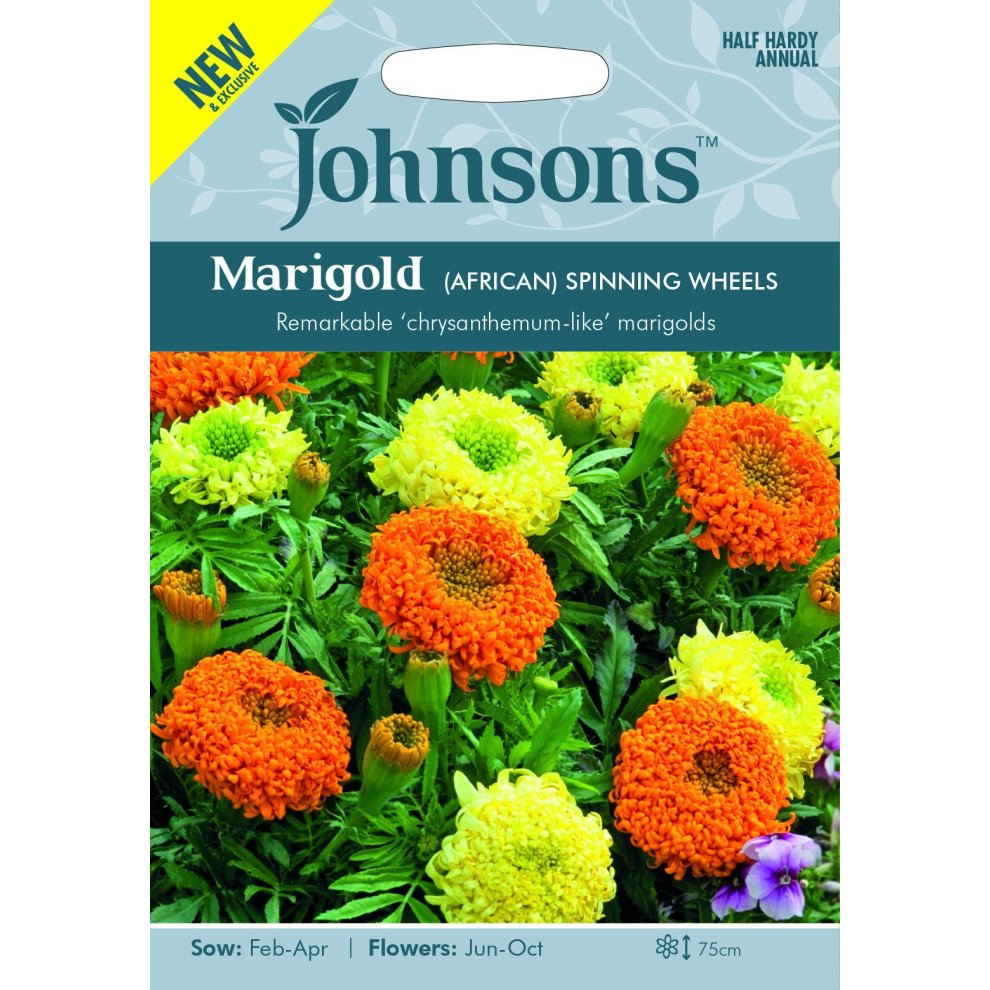 Brightly colored seed packet featuring Johnsons brand, labeled "Marigold (African) Spinning Wheels," showcasing vibrant orange, yellow, and green flowers with a blue background.