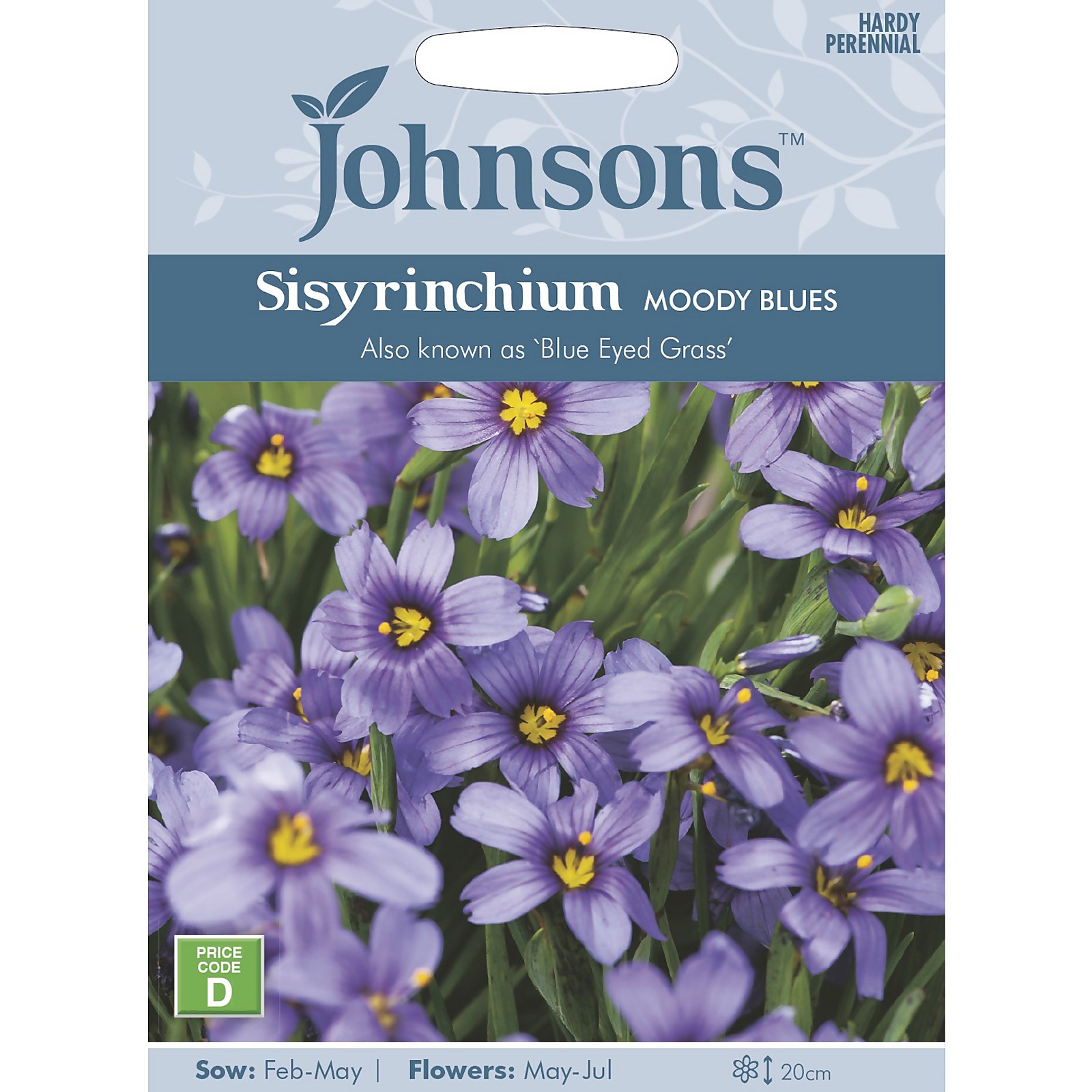 Pack of Johnsons Sisyrinchium Moody Blues seeds featuring vibrant blue flowers with yellow centers, set against a soft blue background, labeled with sowing and flowering details.