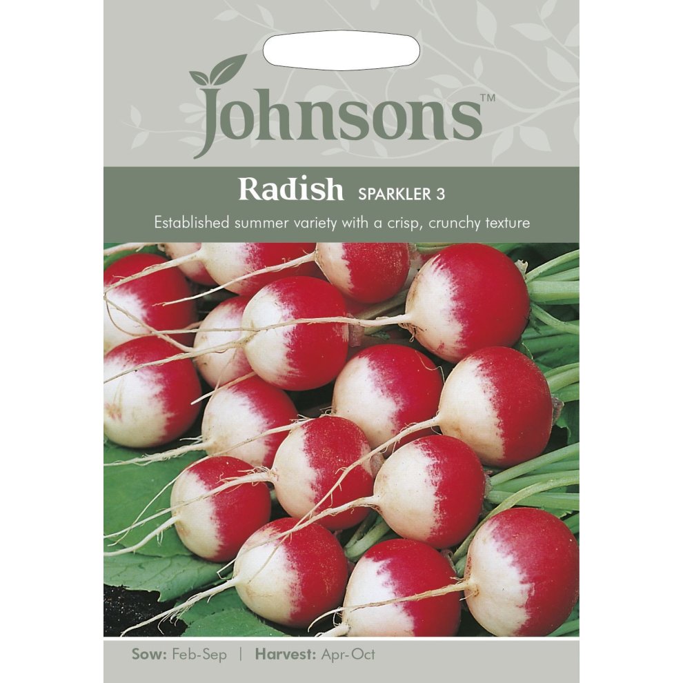 Pictorial seed packet featuring Johnsons Seeds Radish Sparkler 3, showcasing bright red radishes with white tips, green leaves, and details on sowing and harvesting.