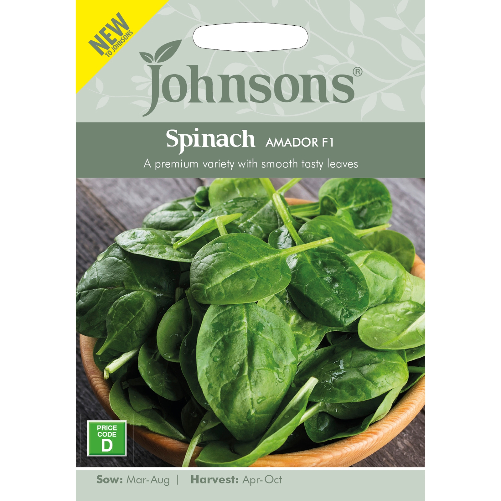 Johnsons Spinach Amador F1 seeds packet featuring a vibrant green spinach leaf background, with clear text detailing sowing and harvesting information, and a 'NEW' label at the top.