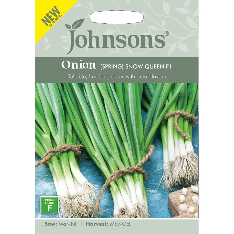 Packet of Johnsons Spring Onion Snow Queen F1 seeds featuring a light green background, with a photo of tied spring onions on the front, and details on sowing and harvesting times.