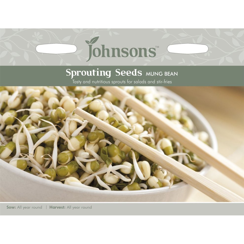 Pictorial pack of Johnsons Seeds featuring mung bean sprouting seeds, with a bowl of sprouts and chopsticks, highlighting green and white sprouts against a light background.