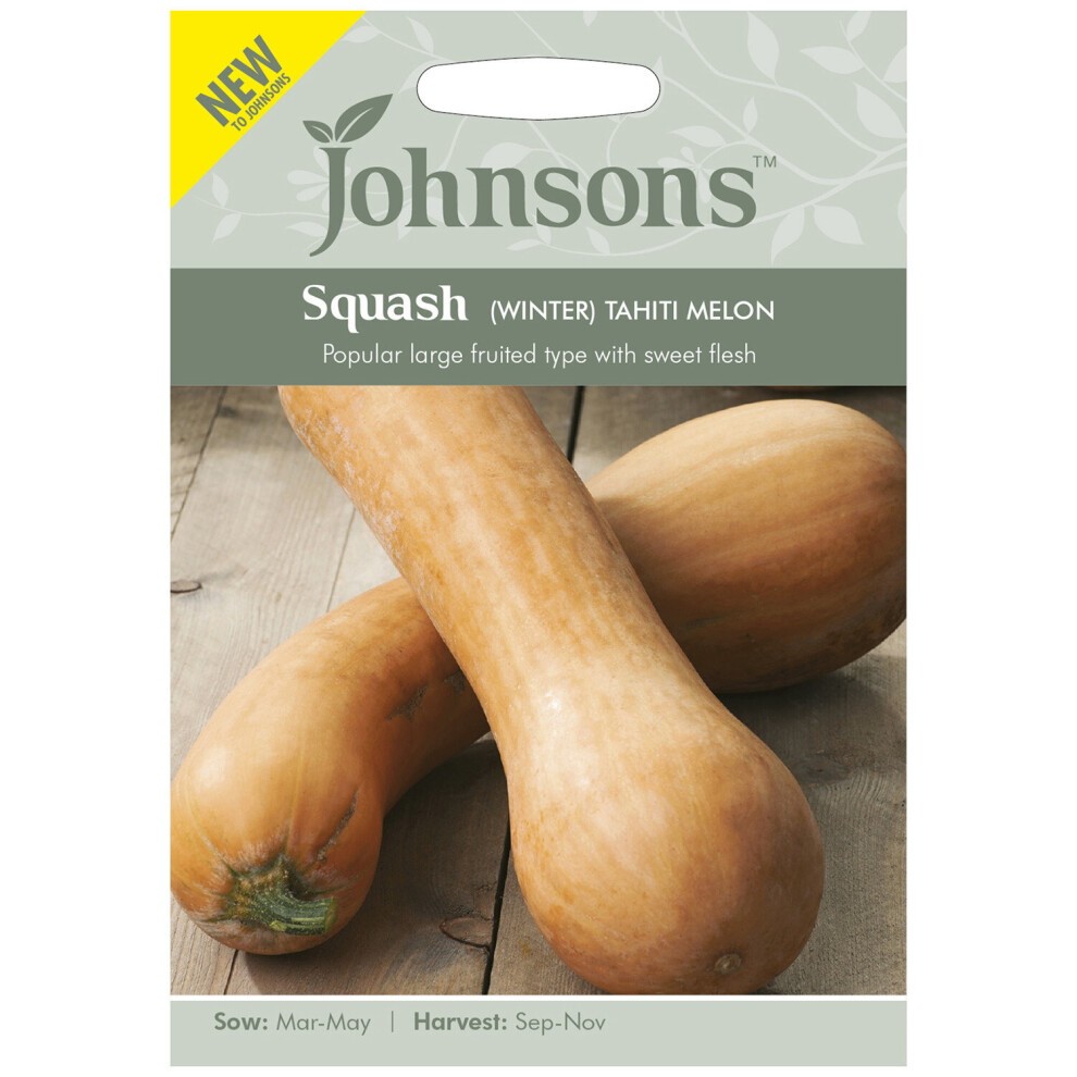 Brown and beige seed packet for Johnsons Home Grown Vegetables Squash (Winter) Tahiti Melon, featuring two melons on a wooden surface, with sowing and harvesting details below.