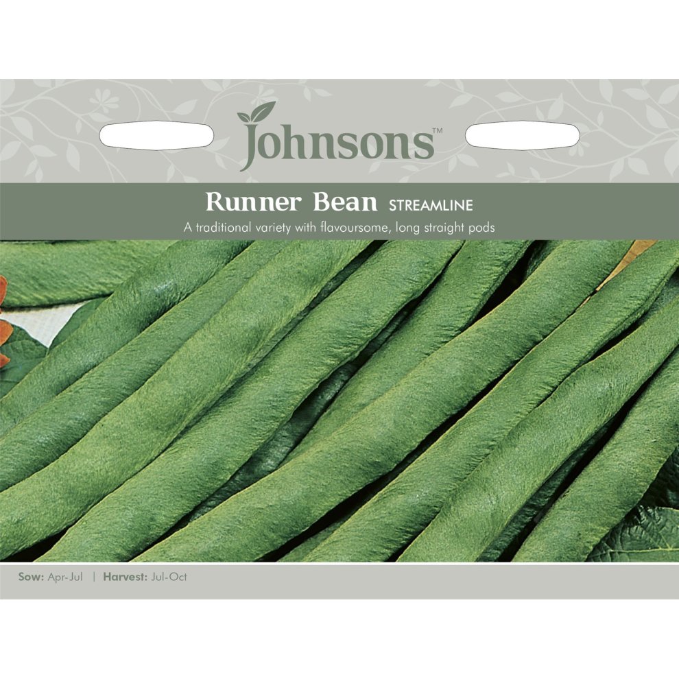 Pack of Johnsons Seeds featuring green runner beans, showcasing long, straight pods on a light gray background with a floral design and product details.