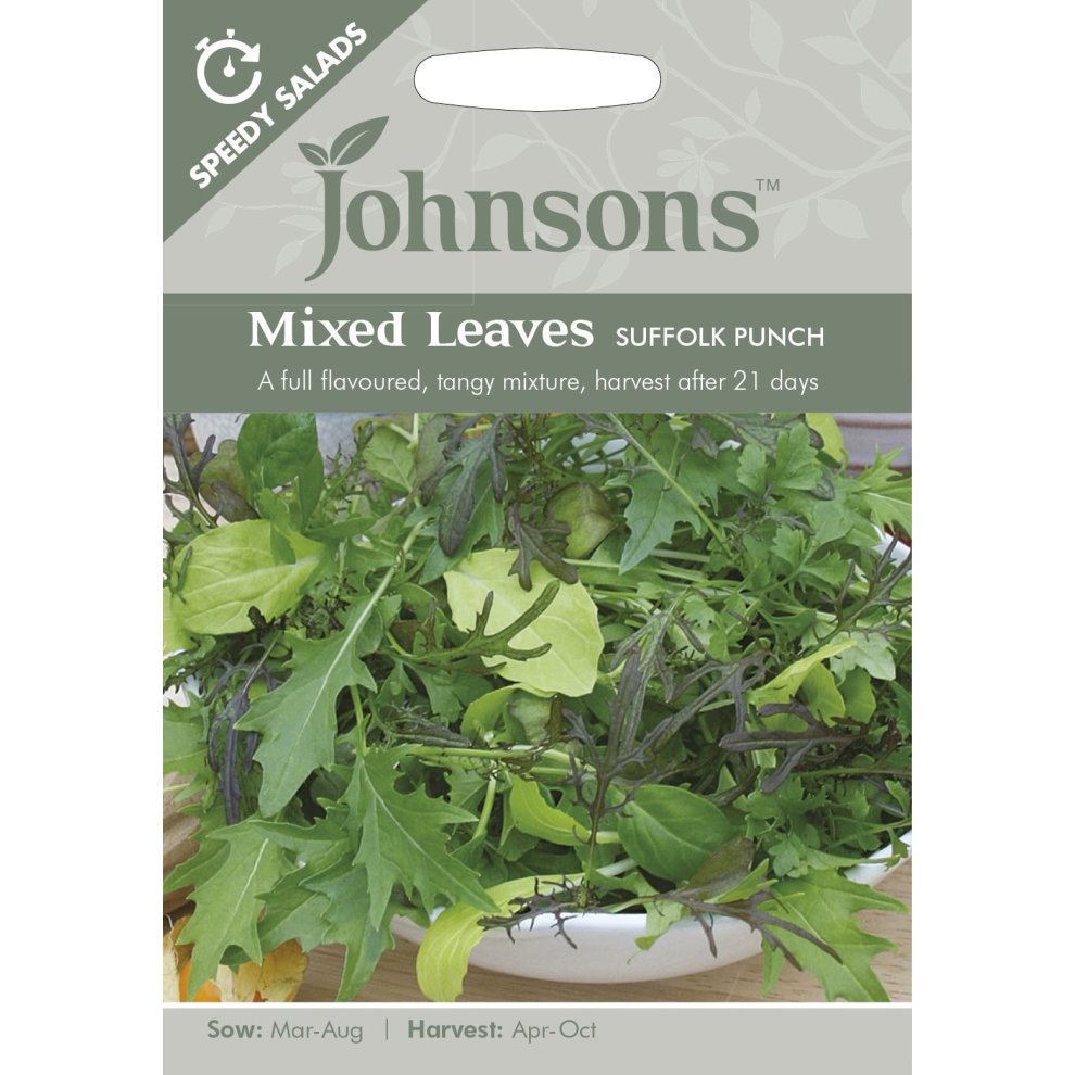 Brightly colored seed packet featuring mixed leaves 'Suffolk Punch', with green and purple foliage, labeled with sowing and harvesting details, and a logo for Johnsons Seeds.