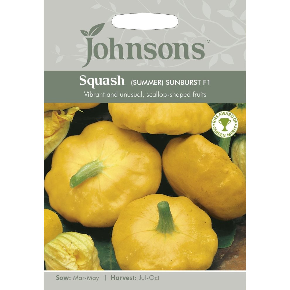 Bright yellow scallop-shaped squash on a seed packet, featuring the Johnsons Seeds logo, with details on sowing and harvesting times.
