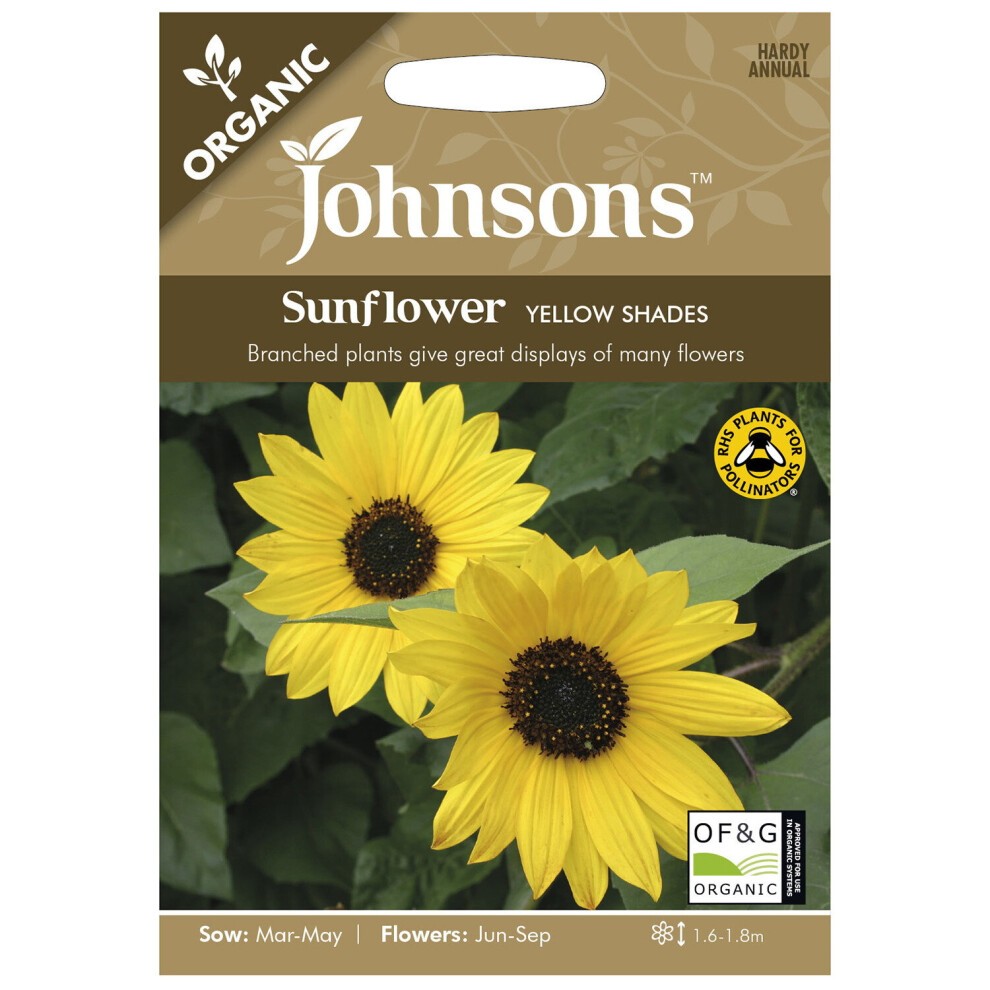 Packaged seeds for Johnsons Home Grown Organic Sunflower Yellow Shades, featuring vibrant yellow sunflowers with dark centers, labeled as organic and suitable for planting from March to May.