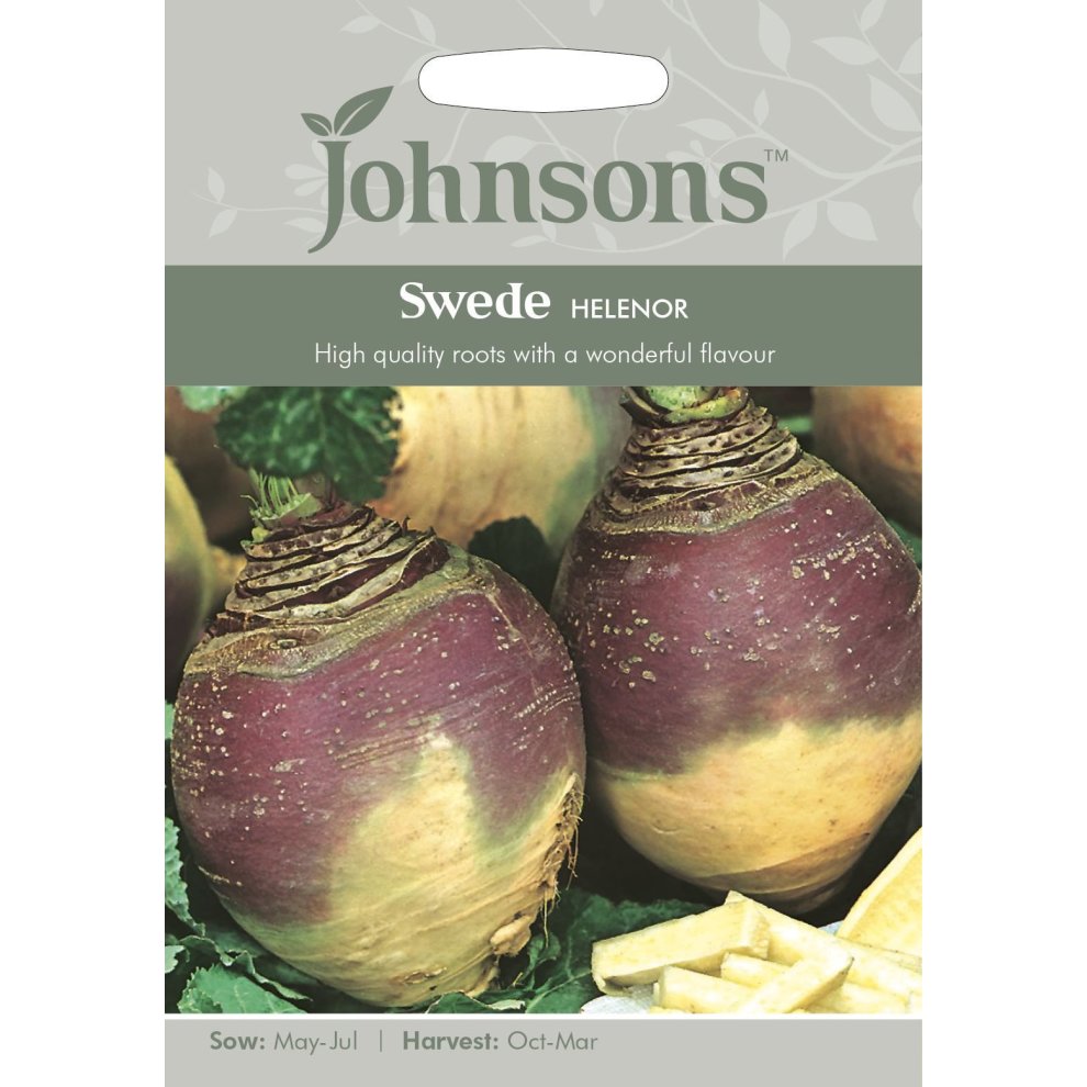 Pictorial seed pack featuring two swede roots with a purple and yellow skin, labeled "Swede Helenor" by Johnsons Seeds, with sowing and harvesting details.