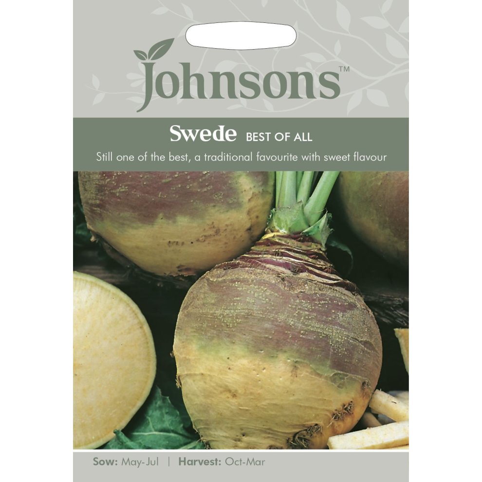 Pictorial seed packet for Johnsons Seeds featuring "Swede Best of All," showcasing a large swede vegetable with green tops and a beige background, detailing sowing and harvesting times.