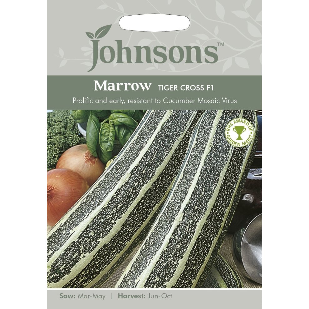 Pictorial seed pack for Johnsons Seeds' Marrow Tiger Cross F1, featuring striped green marrows and vegetables, with sowing and harvesting details prominently displayed.