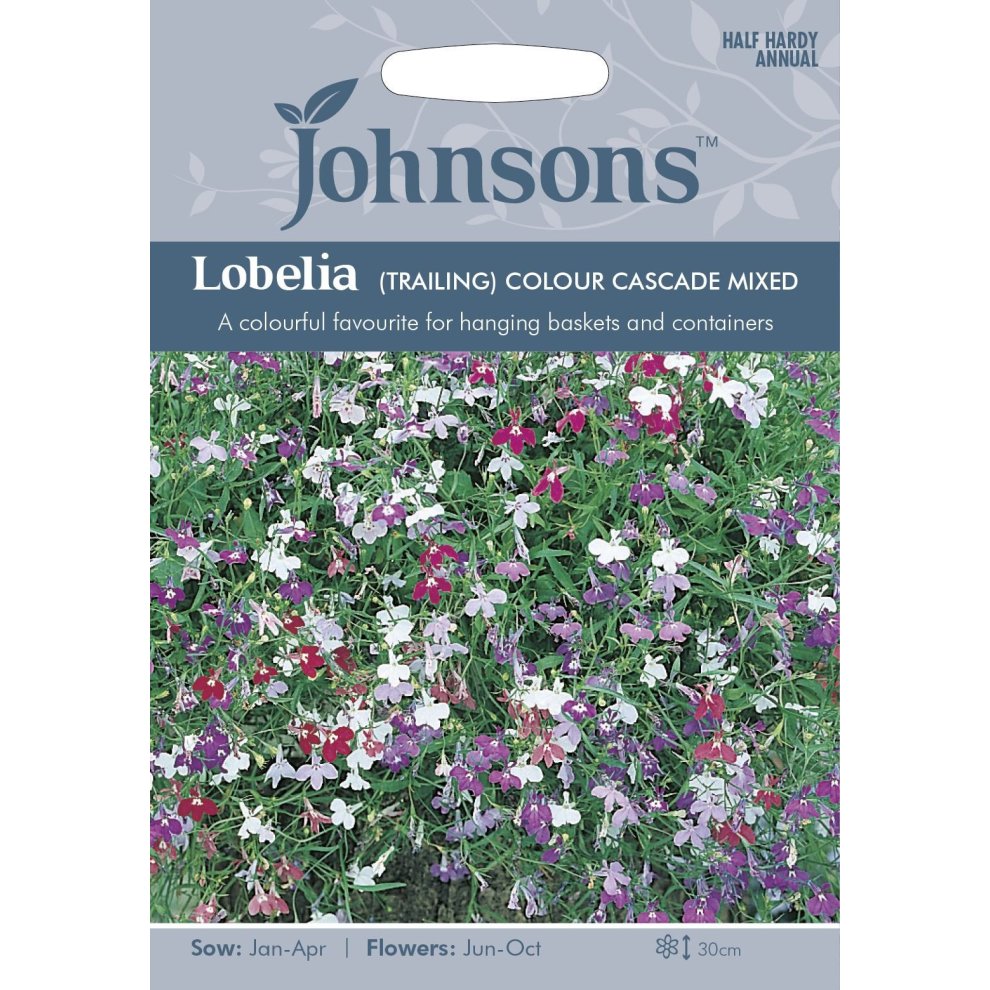 Johnsons Seeds pack featuring Lobelia (Trailing) Colour Cascade Mixed, showcasing vibrant purple, pink, and white flowers, designed for hanging baskets and containers.