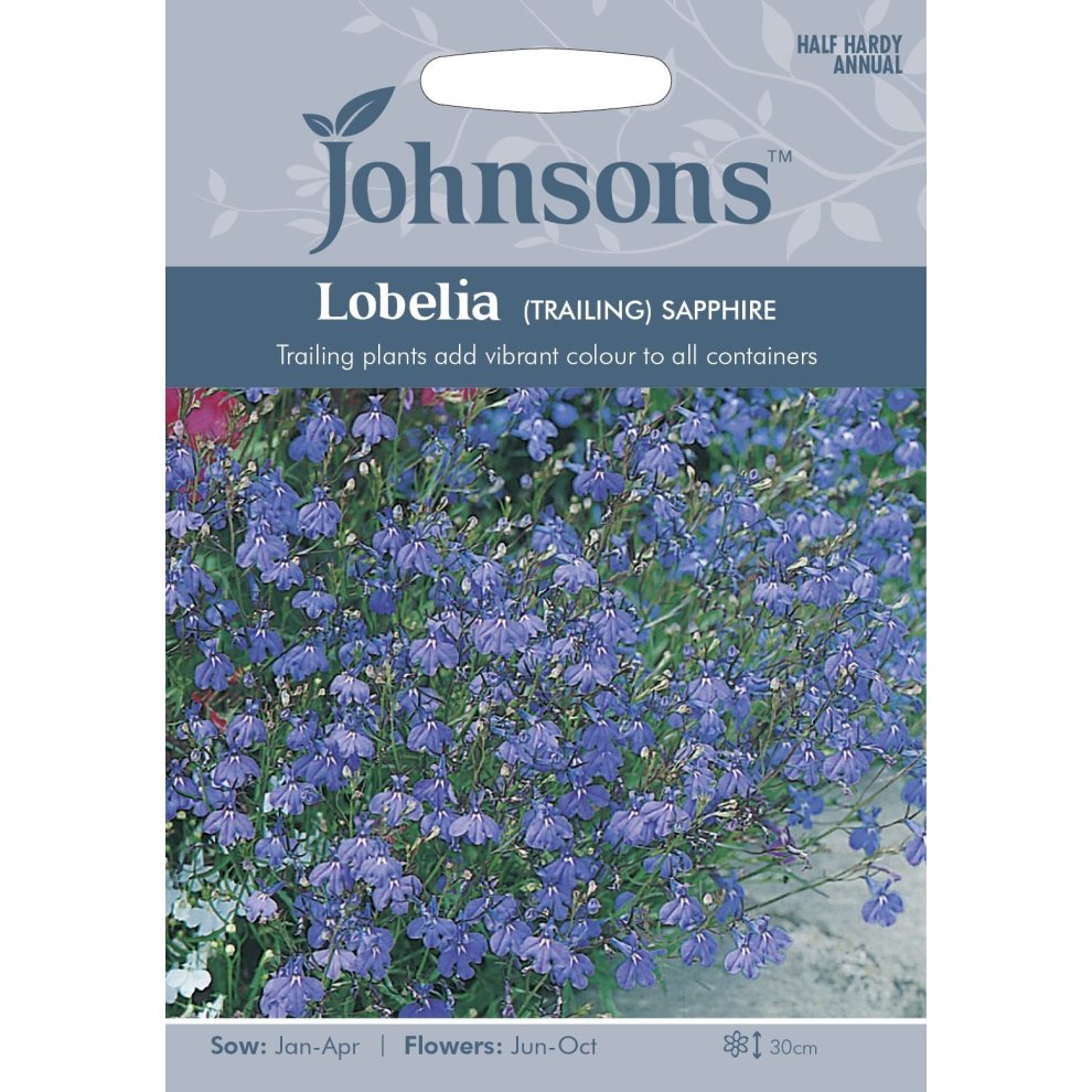 Pictorial seed packet featuring Johnsons Seeds branding, showcasing vibrant blue trailing Lobelia flowers, with sowing and flowering details listed.