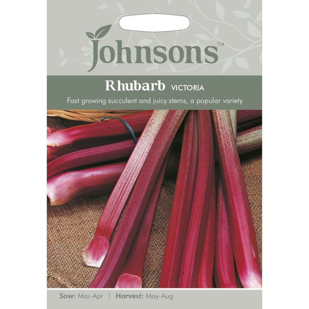 Pictorial seed packet for Johnsons Seeds featuring Rhubarb Victoria, showcasing vibrant red stems with a light gray background and details on sowing and harvesting times.