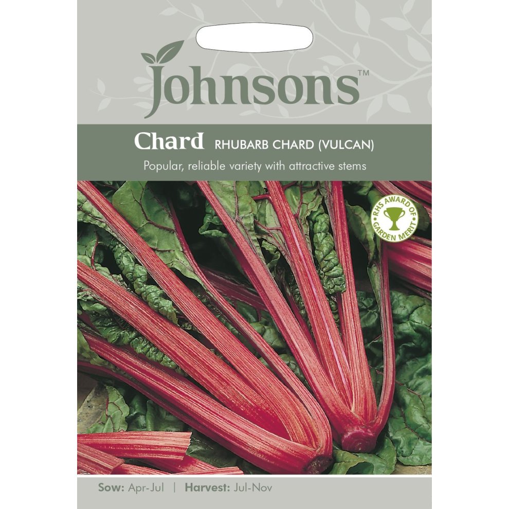 Pictorial seed packet featuring vibrant red stems and green leaves of Rhubarb Chard (Vulcan) by Johnsons Seeds, with sowing and harvesting details at the bottom.