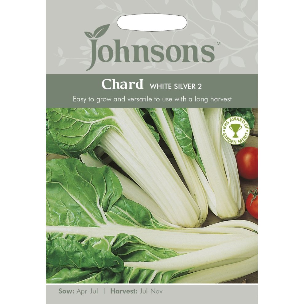 Chard seeds package featuring "White Silver 2" variety, with a light green and white chard illustration, tomatoes, and text highlighting easy growth and long harvest.