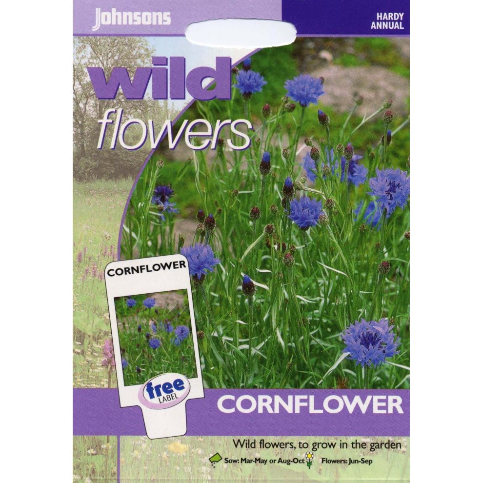 Pictorial seed pack featuring vibrant blue cornflowers, with a green background and text highlighting "Wild Flowers" and "Cornflower," indicating 150 seeds for planting.