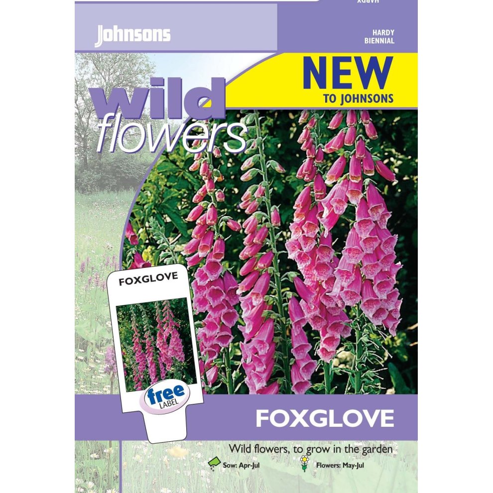 Pictorial seed pack featuring vibrant pink foxglove flowers, with "Wild Flowers" and "New to Johnsons" prominently displayed, along with sowing and flowering instructions.