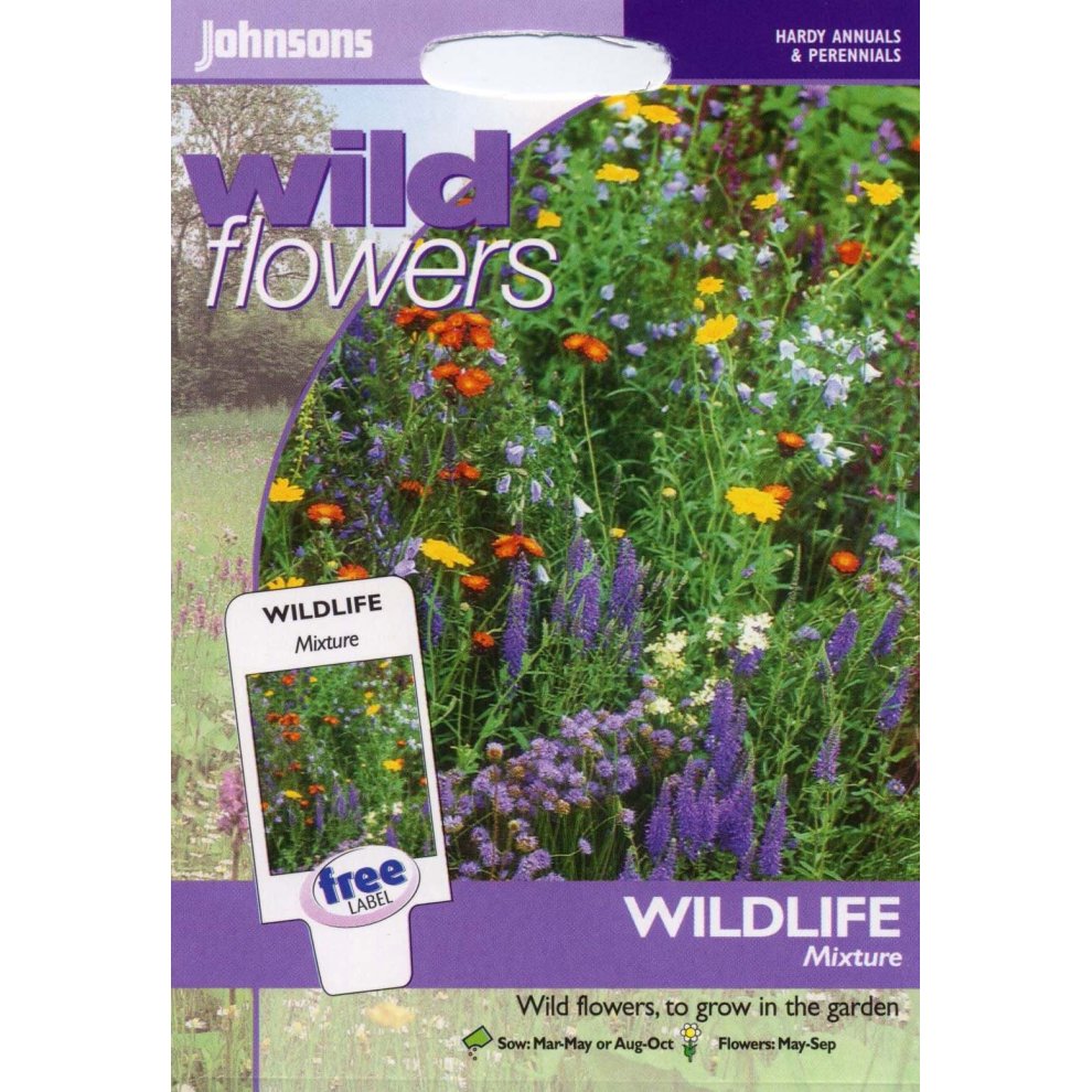 Colorful seed packet featuring a mix of wildflowers, with vibrant illustrations of red, yellow, and purple blooms, labeled "Wildlife Mixture" and "Free Label" at the bottom.