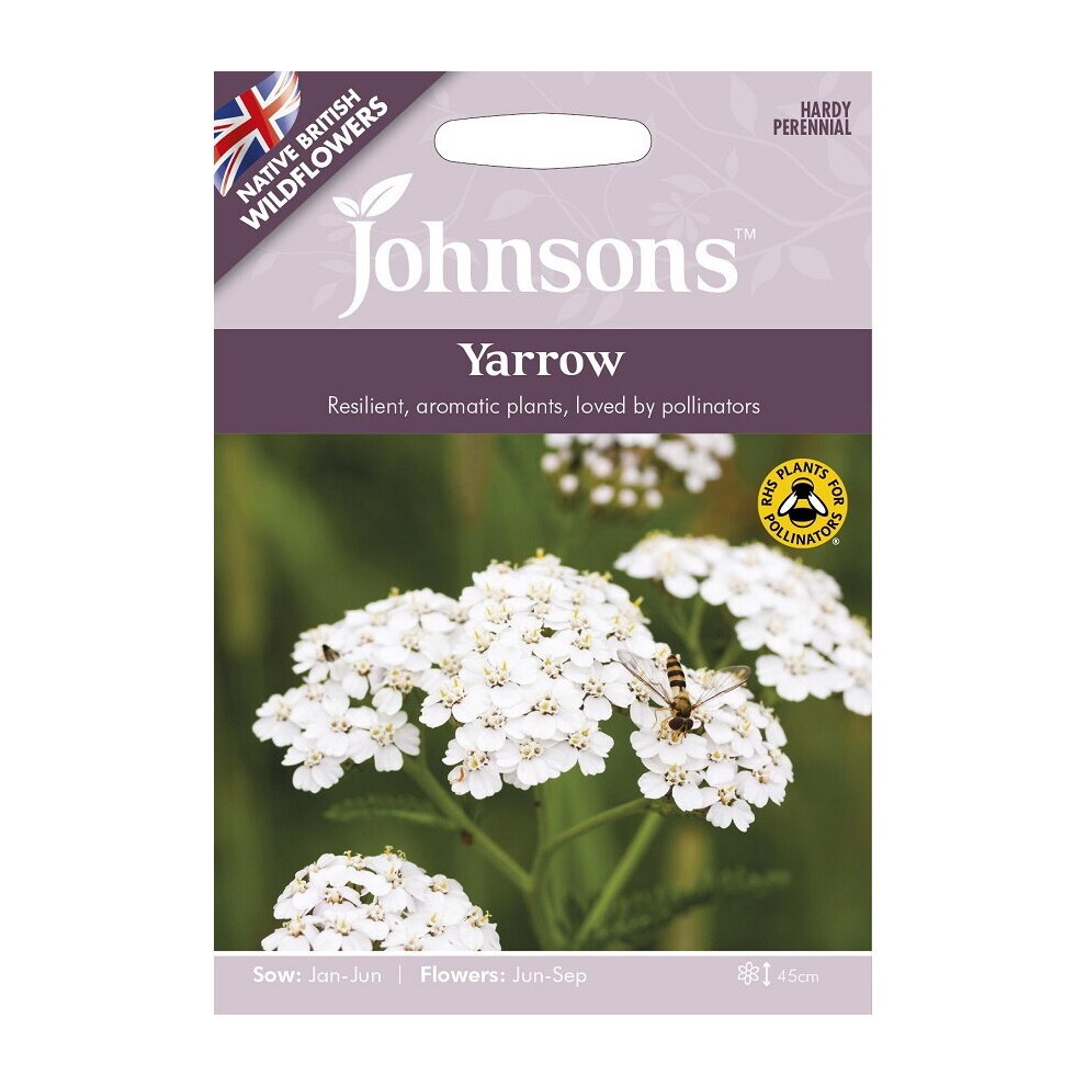 White yarrow flowers with green foliage on a purple and white seed packet labeled "Johnsons Grow Your Own Native Garden," featuring a British flag and pollinator symbol.