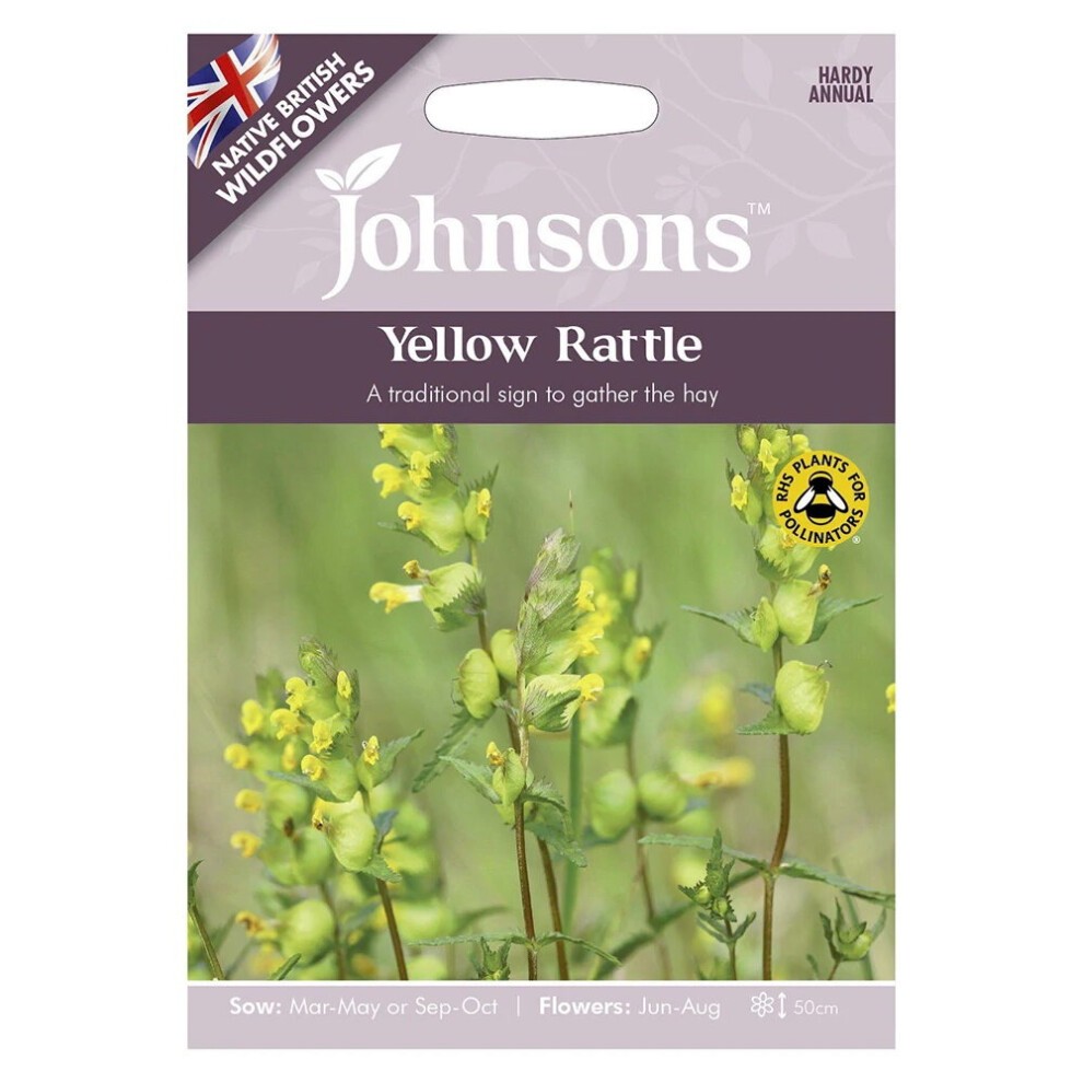 Packaged seeds for Yellow Rattle by Johnsons Seeds, featuring a green background with yellow flowers, a purple header, and planting instructions.