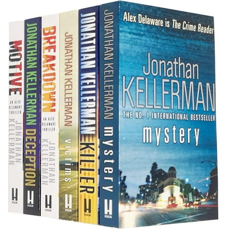 Six paperback books by Jonathan Kellerman featuring colorful spines with titles like "Motive," "Breakdown," and "Killer," arranged vertically against a blurred cityscape background.