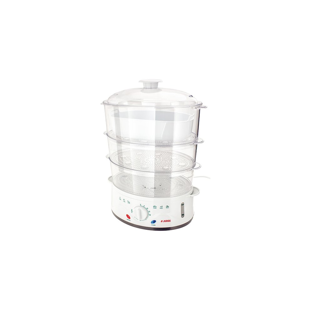Three-tier steamer set in silver by Judge, featuring transparent steam baskets, a white base with control dials, and a lid on top for efficient cooking.