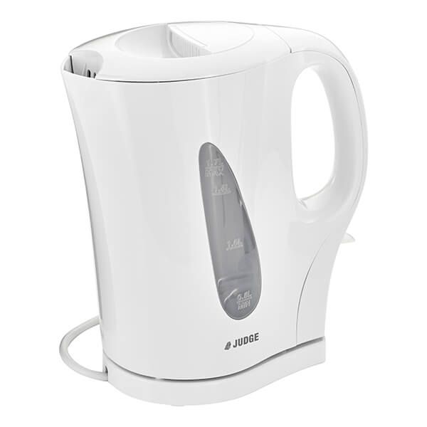 Silver 1.7L kettle by Judge, featuring a sleek design, transparent water level indicator, and ergonomic handle for easy pouring.