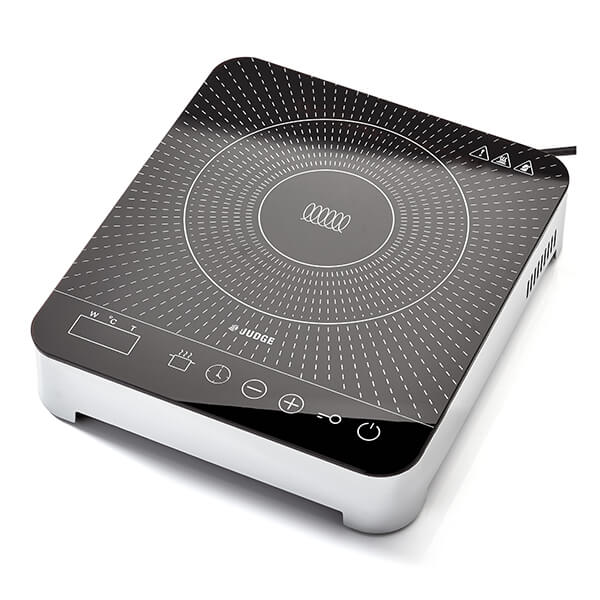 Silver Judge Induction Hob with a sleek black top featuring a spiral design, touch control panel, and safety indicators on the side.